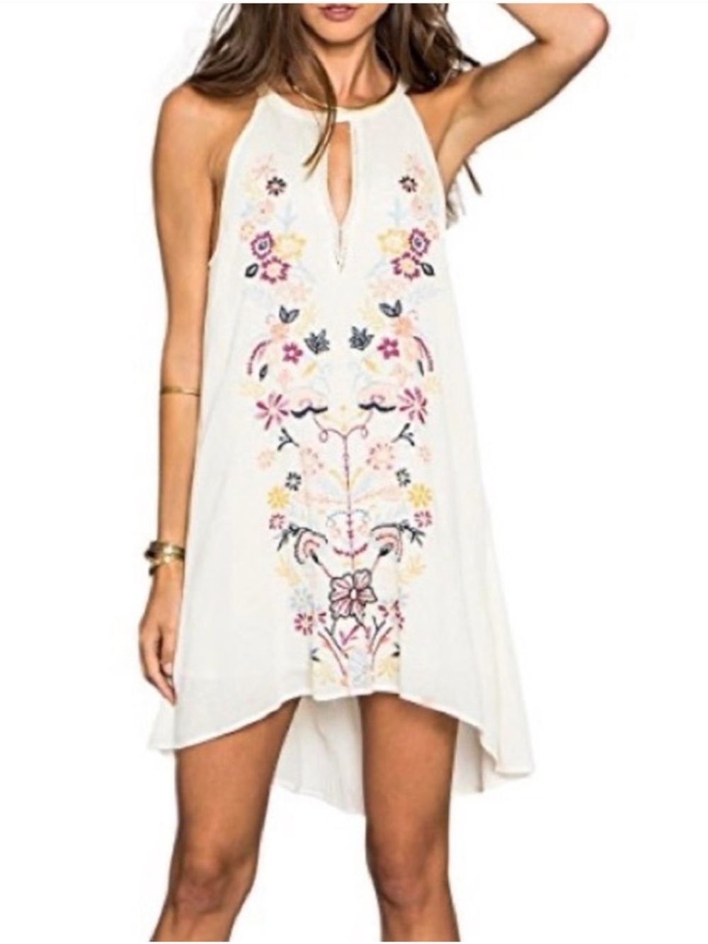 O'Neill White High-Low Halter Dress with Multicolor Floral Embroidery